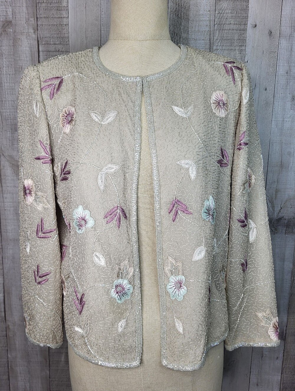 Adrianna Papell Beaded Floral Embroidered Open-Front Jacket. Silk